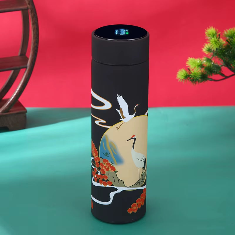Chinese Style Vacuum Flask with Temperature Display Retro Smart Insulated Water Bottles 304 Stainless Steel Thermal Cu Travel