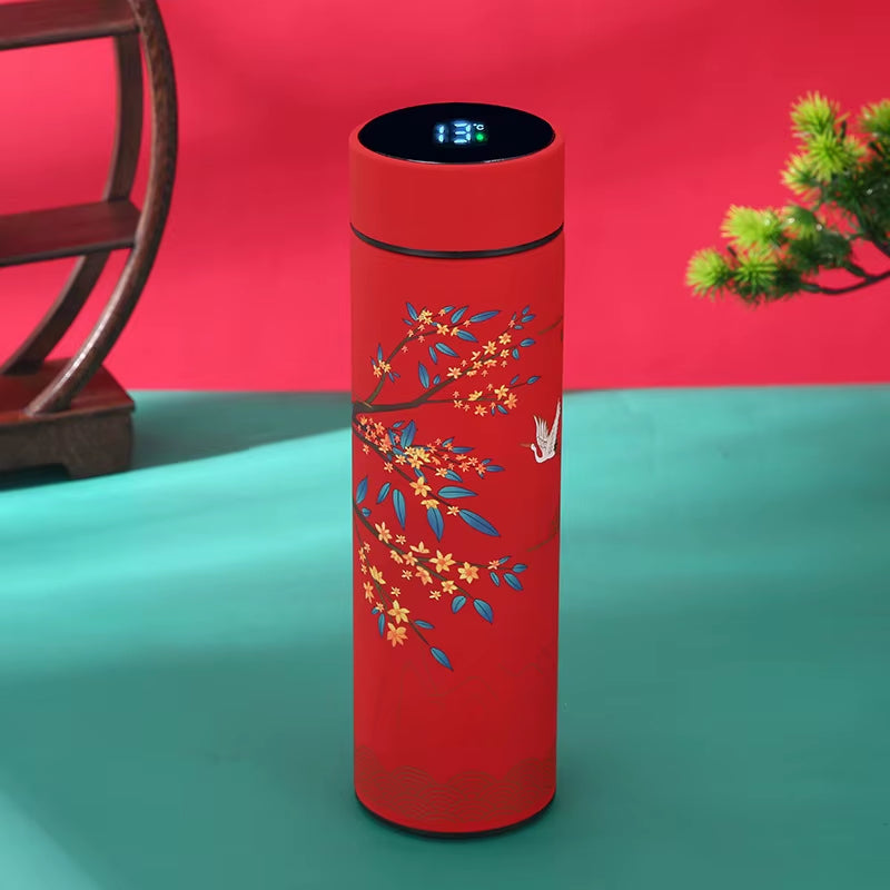 Chinese Style Vacuum Flask with Temperature Display Retro Smart Insulated Water Bottles 304 Stainless Steel Thermal Cu Travel