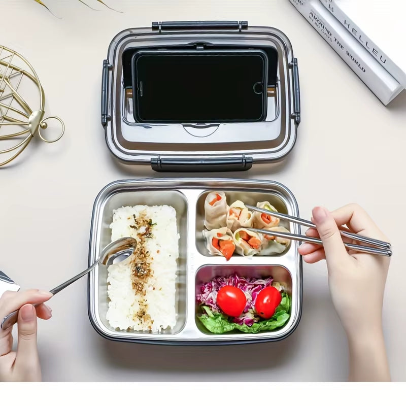 Leak-Proof Stainless Steel Lunch Box with 3/4 Compartments - Durable, Easy-Clean Bento Container for Students & Office Workers