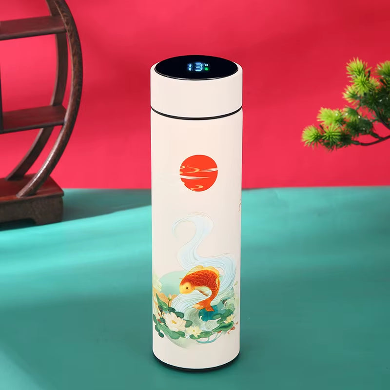Chinese Style Vacuum Flask with Temperature Display Retro Smart Insulated Water Bottles 304 Stainless Steel Thermal Cu Travel