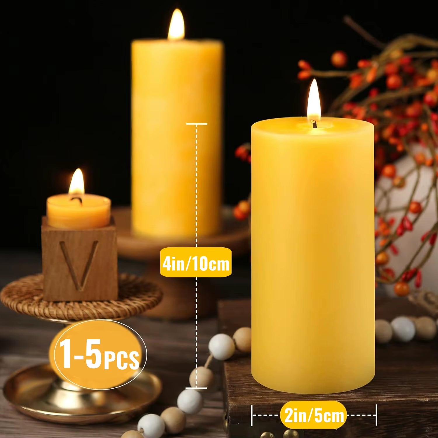 1/3/5PCS Beeswax Pillar Candles Smokeless Beeswax Candles Long Burning Wax Candles for Home Dinner Decor Prayer Party 1.85X3.8In