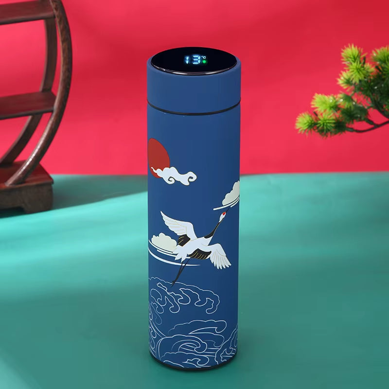 Chinese Style Vacuum Flask with Temperature Display Retro Smart Insulated Water Bottles 304 Stainless Steel Thermal Cu Travel