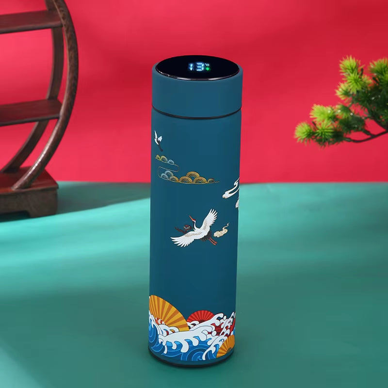 Chinese Style Vacuum Flask with Temperature Display Retro Smart Insulated Water Bottles 304 Stainless Steel Thermal Cu Travel
