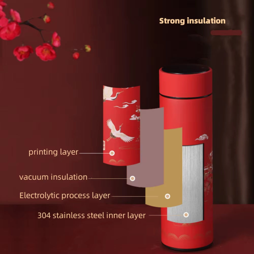Chinese Style Vacuum Flask with Temperature Display Retro Smart Insulated Water Bottles 304 Stainless Steel Thermal Cu Travel