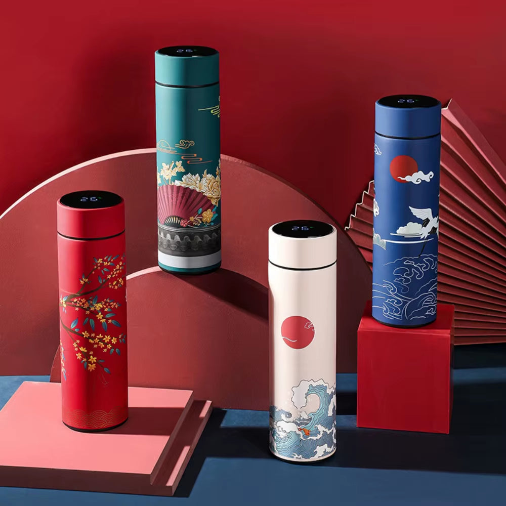 Chinese Style Vacuum Flask with Temperature Display Retro Smart Insulated Water Bottles 304 Stainless Steel Thermal Cu Travel