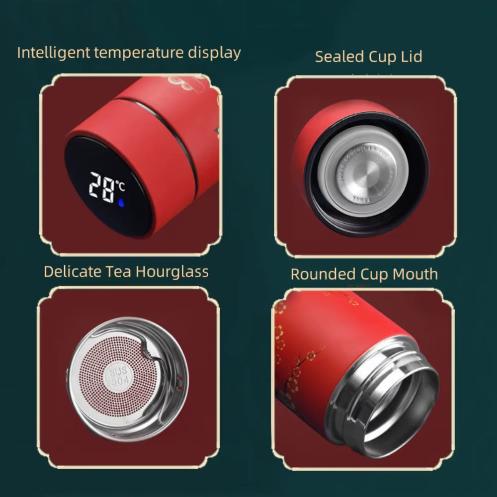 Chinese Style Vacuum Flask with Temperature Display Retro Smart Insulated Water Bottles 304 Stainless Steel Thermal Cu Travel